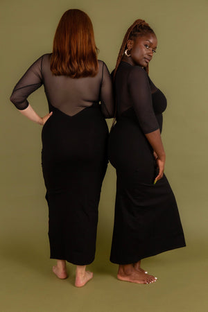 Kupu Long Sleeved Midi Dress in Black and Mesh - Manners London