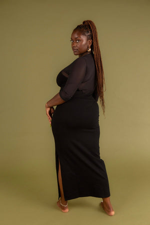 Kupu Long Sleeved Midi Dress in Black and Mesh - Manners London