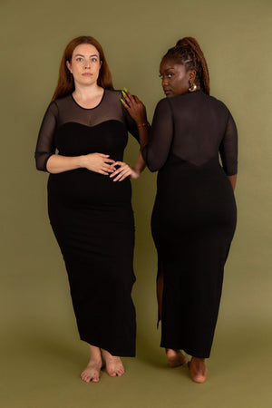 Kupu Long Sleeved Midi Dress in Black and Mesh - Manners London