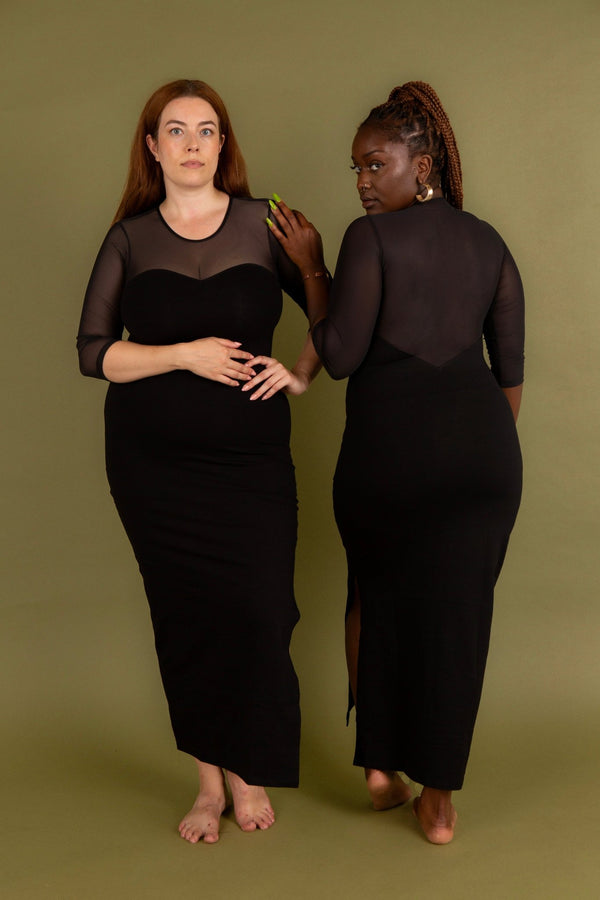 Kupu Long Sleeved Midi Dress in Black and Mesh - Manners London