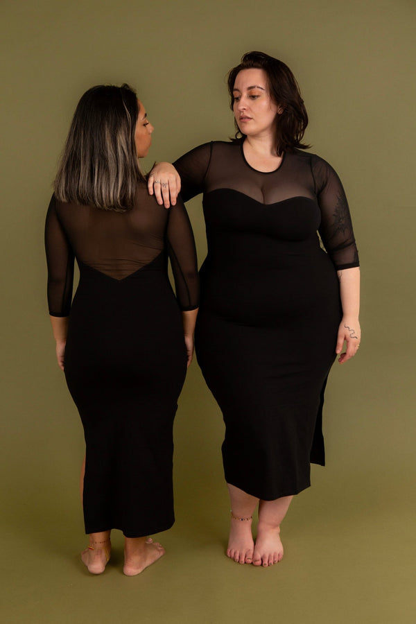 Kupu Long Sleeved Midi Dress in Black and Mesh - Petite - Manners London