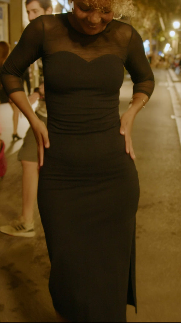 Kupu Long Sleeved Midi Dress in Black and Mesh - Petite - Manners London