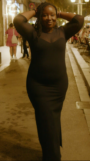 Kupu Long Sleeved Midi Dress in Black and Mesh - Petite - Manners London