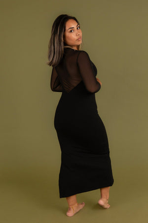 Kupu Long Sleeved Midi Dress in Black and Mesh - Petite - Manners London