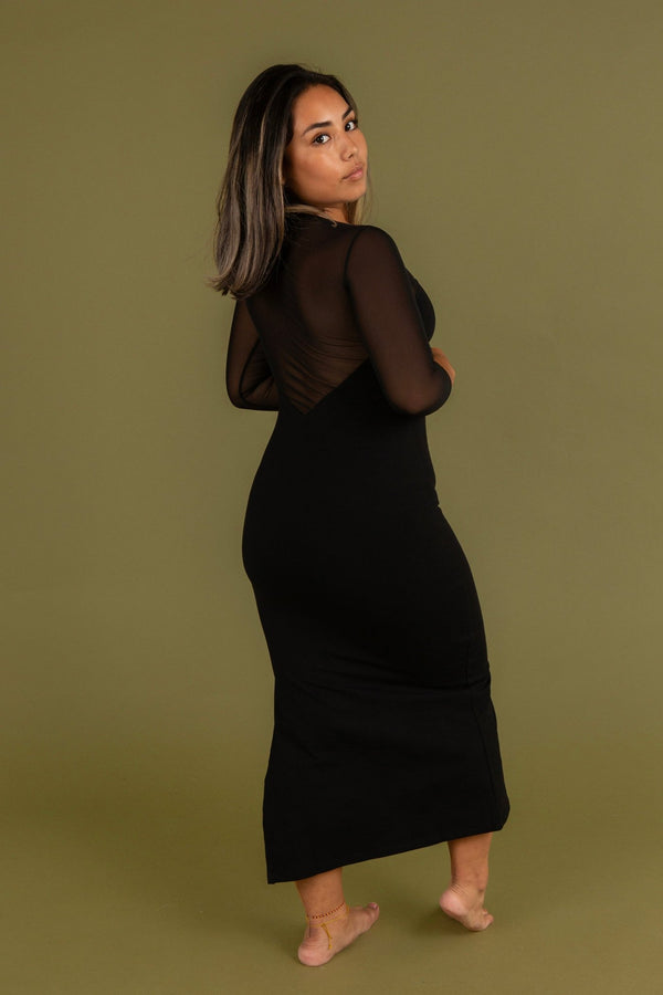 Kupu Long Sleeved Midi Dress in Black and Mesh - Petite - Manners London
