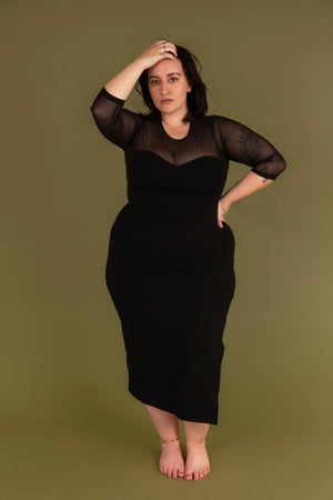 Kupu Long Sleeved Midi Dress in Black and Mesh - Petite - Manners London