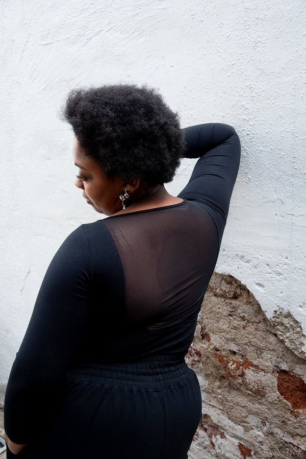Mesh Scoop Back Top Full Length (7/8 Sleeve) in Black - Manners London
