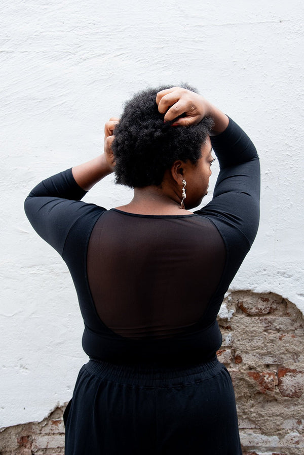 Mesh Scoop Back Top Full Length (7/8 Sleeve) in Black - Manners London
