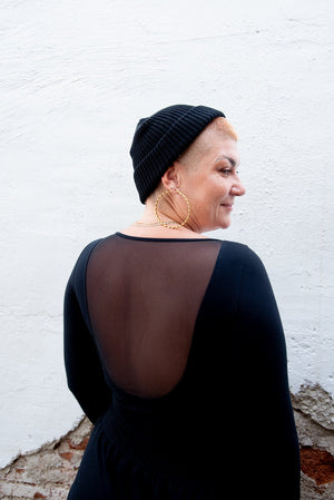 Mesh Scoop Back Top Full Length (7/8 Sleeve) in Black - Manners London