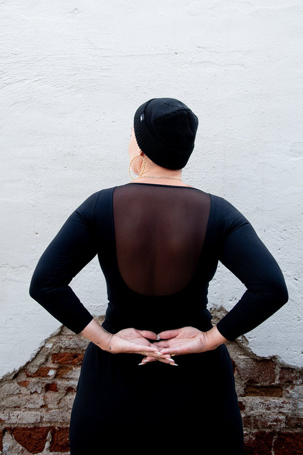 Mesh Scoop Back Top Full Length (7/8 Sleeve) in Black - Manners London