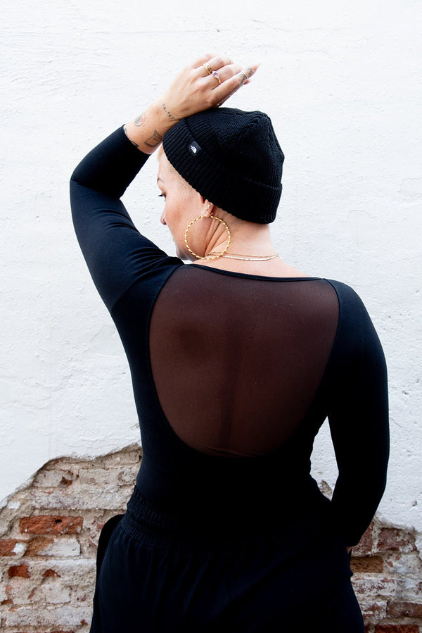 Mesh Scoop Back Top Full Length (7/8 Sleeve) in Black - Manners London