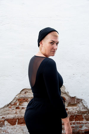 Mesh Scoop Back Top Full Length (7/8 Sleeve) in Black - Manners London