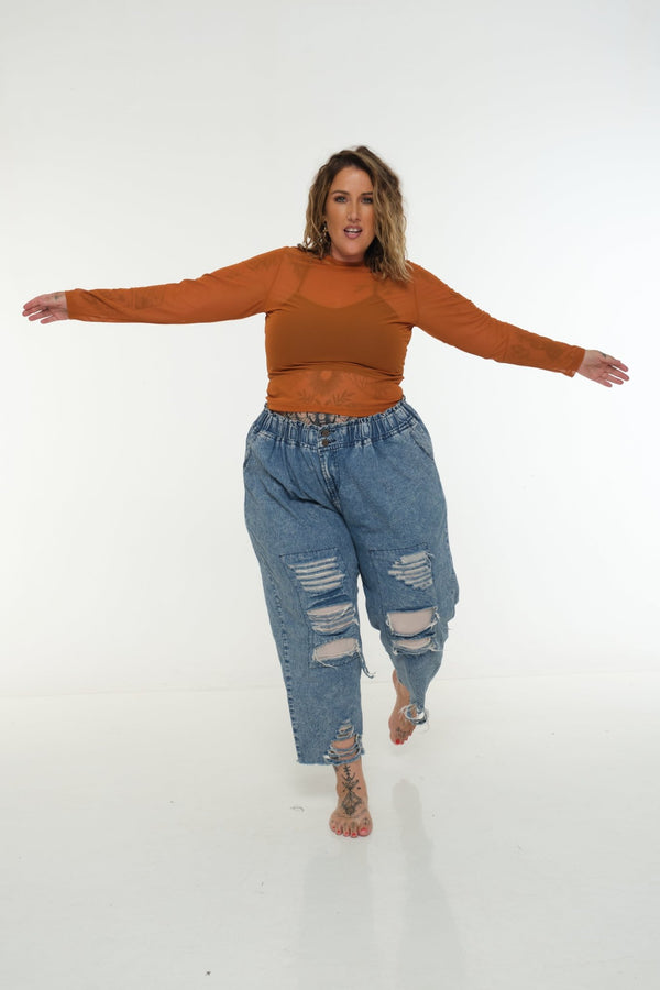 Mesh Top long sleeve in Pumpkin - Manners London