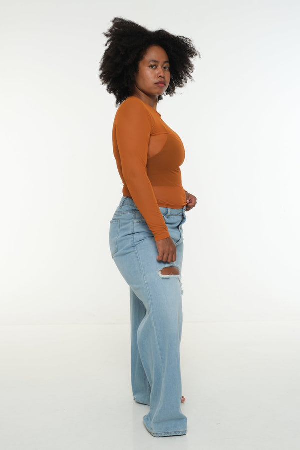 Mesh Top long sleeve in Pumpkin - Manners London