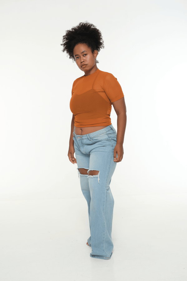 Mesh Top short sleeve in Pumpkin - Manners London