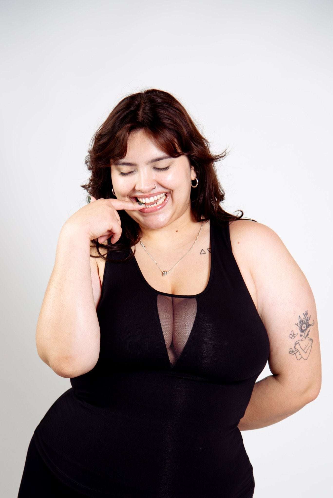 Mesh V - Neck Full Length Top sleeveless in Black - Manners London