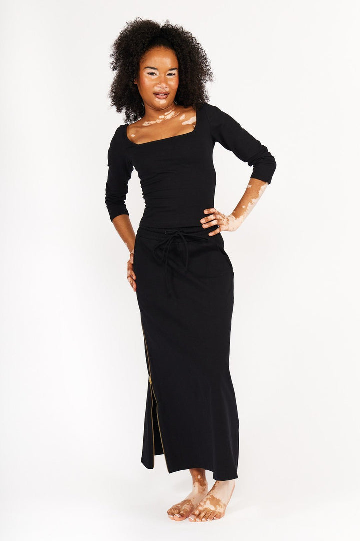 New Square Neck Full Length Top (Long Sleeves) in Black - Manners London