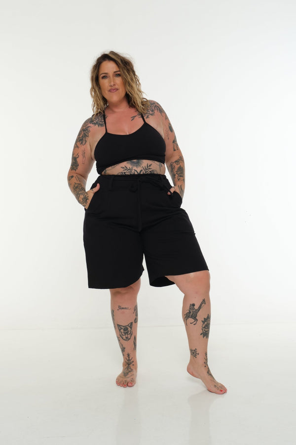 New Wide Shorts long flat waist band and belt in Black - Manners London