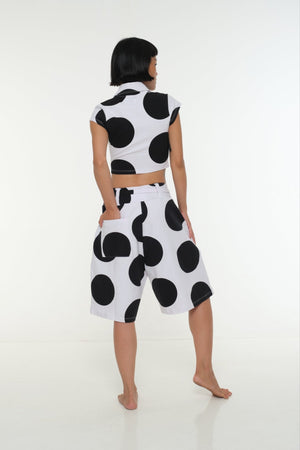 New Wide Shorts long flat waist band and belt in Polka Dot - Manners London