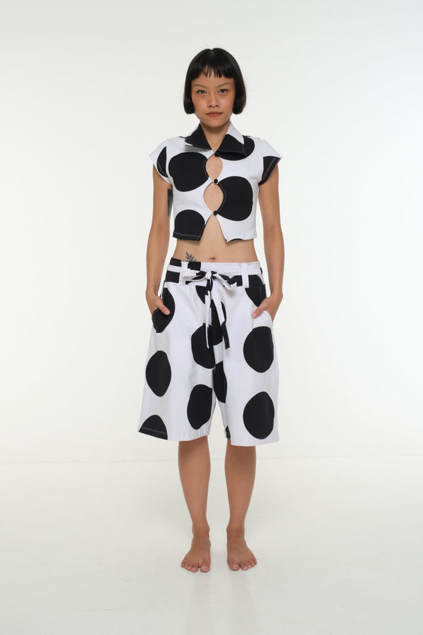 New Wide Shorts long flat waist band and belt in Polka Dot - Manners London