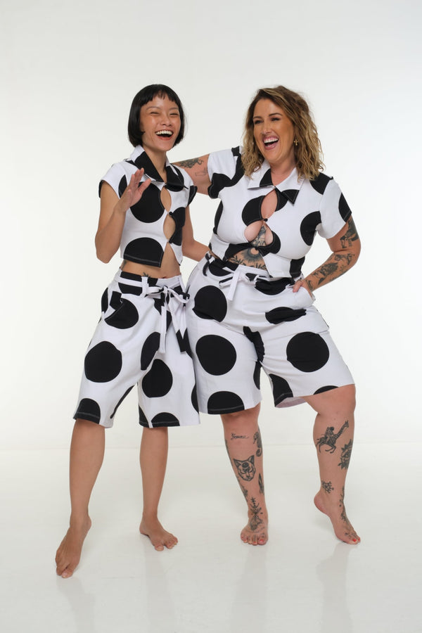 New Wide Shorts long flat waist band and belt in Polka Dot - Manners London