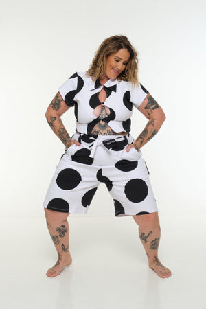 New Wide Shorts long flat waist band and belt in Polka Dot - Manners London