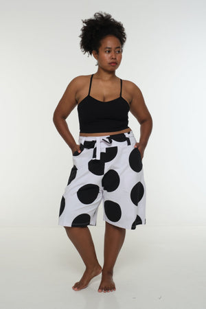 New Wide Shorts long flat waist band and belt in Polka Dot - Manners London