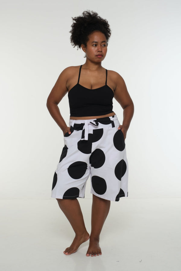 New Wide Shorts long flat waist band and belt in Polka Dot - Manners London