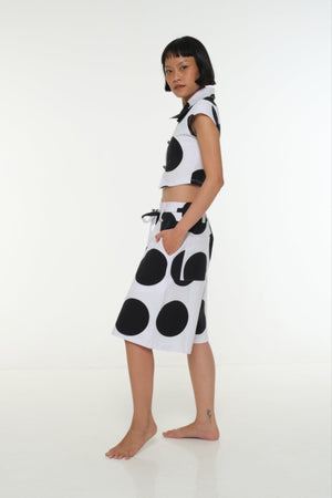 New Wide Shorts long flat waist band and belt in Polka Dot - Manners London