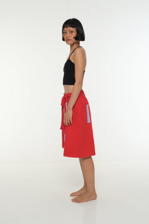 New Wide Shorts long flat waist band and belt in Red / Pastel Blue rib edge - Manners London