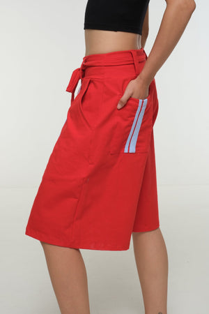 New Wide Shorts long flat waist band and belt in Red / Pastel Blue rib edge - Manners London