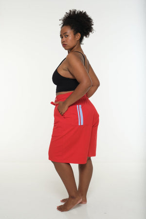 New Wide Shorts long flat waist band and belt in Red / Pastel Blue rib edge - Manners London