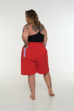 New Wide Shorts long flat waist band and belt in Red / Pastel Blue rib edge - Manners London