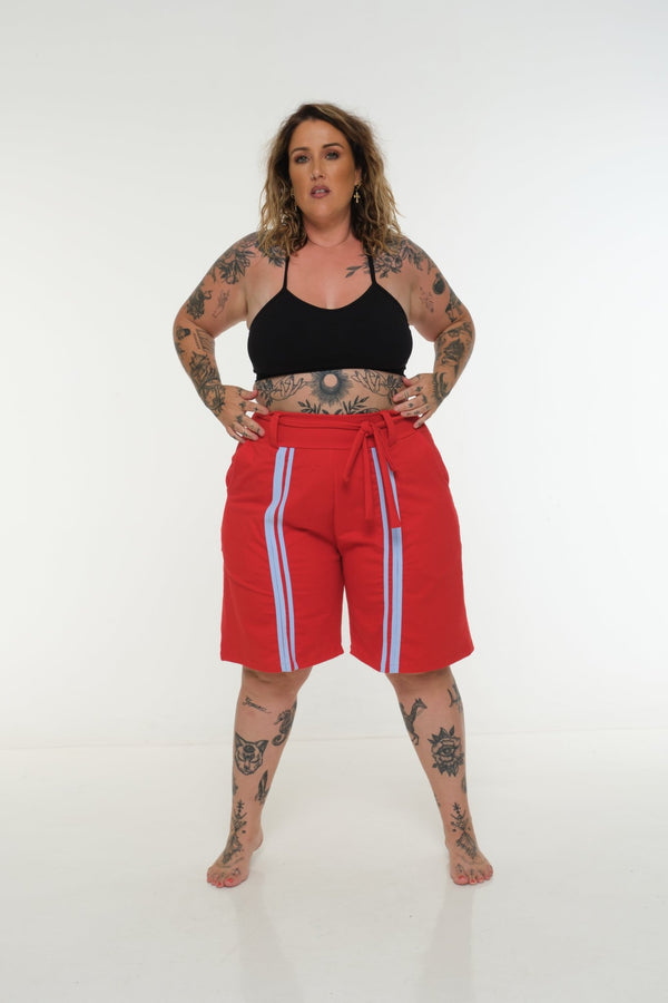 New Wide Shorts long flat waist band and belt in Red / Pastel Blue rib edge - Manners London