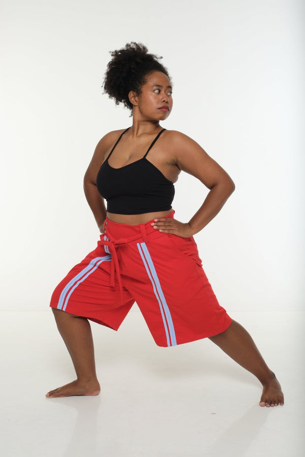 New Wide Shorts long flat waist band and belt in Red / Pastel Blue rib edge - Manners London