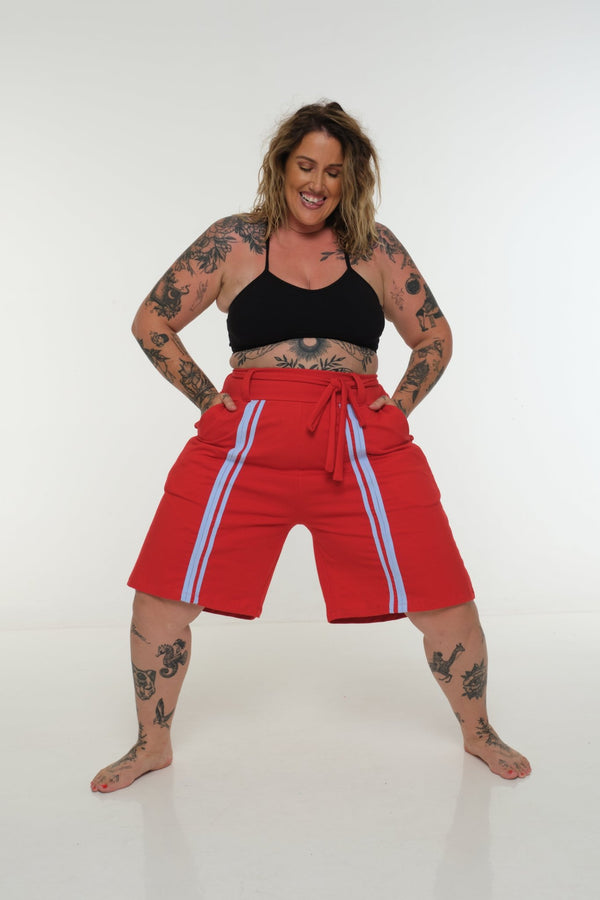 New Wide Shorts long flat waist band and belt in Red / Pastel Blue rib edge - Manners London