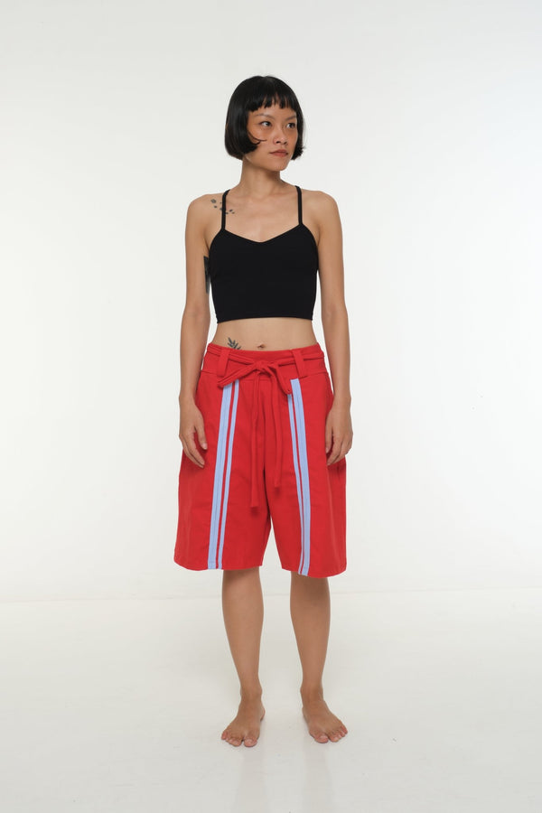 New Wide Shorts long flat waist band and belt in Red / Pastel Blue rib edge - Manners London