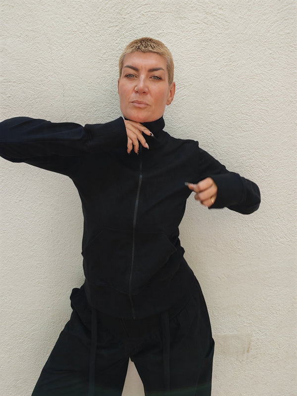 New Zip Jacket in Black and Black rib - Manners London