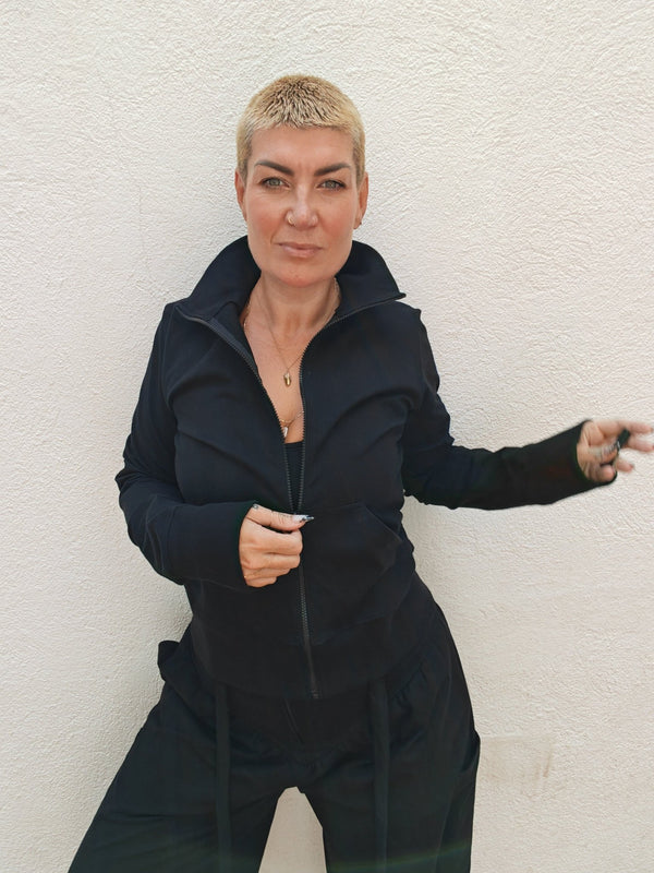 New Zip Jacket in Black and Black rib - Manners London
