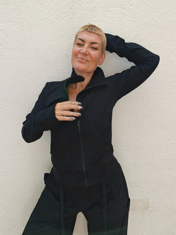 New Zip Jacket in Black and Black rib - Manners London