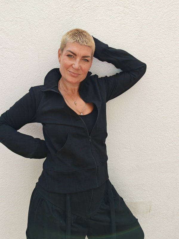 New Zip Jacket in Black and Black rib - Manners London
