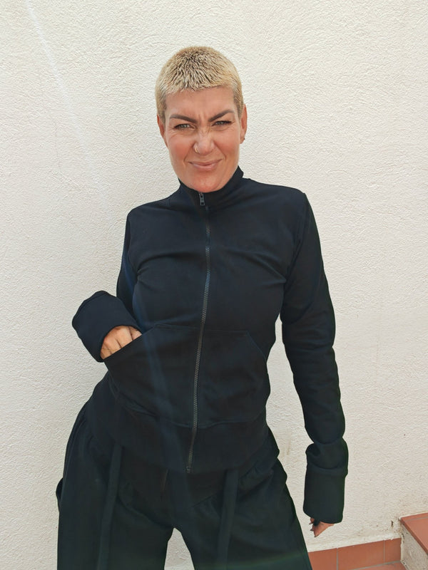 New Zip Jacket in Black and Black rib - Manners London