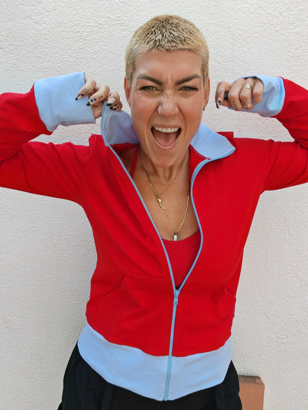 New Zip Jacket in red with pastel blue rib - Manners London