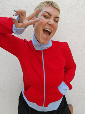 New Zip Jacket in red with pastel blue rib - Manners London