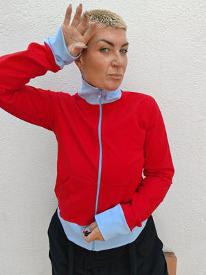 New Zip Jacket in red with pastel blue rib - Manners London
