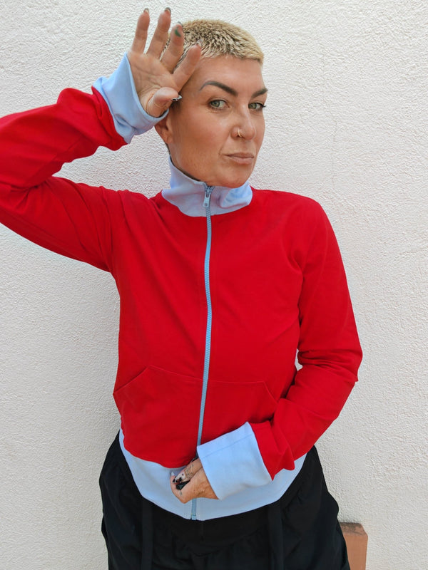 New Zip Jacket in red with pastel blue rib - Manners London