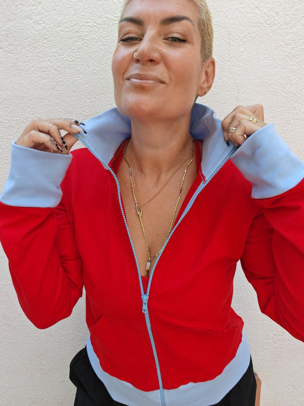 New Zip Jacket in red with pastel blue rib - Manners London