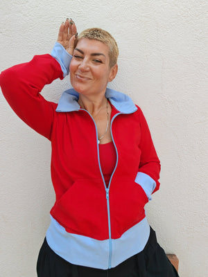 New Zip Jacket in red with pastel blue rib - Manners London