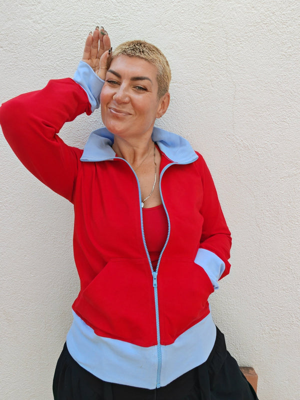 New Zip Jacket in red with pastel blue rib - Manners London