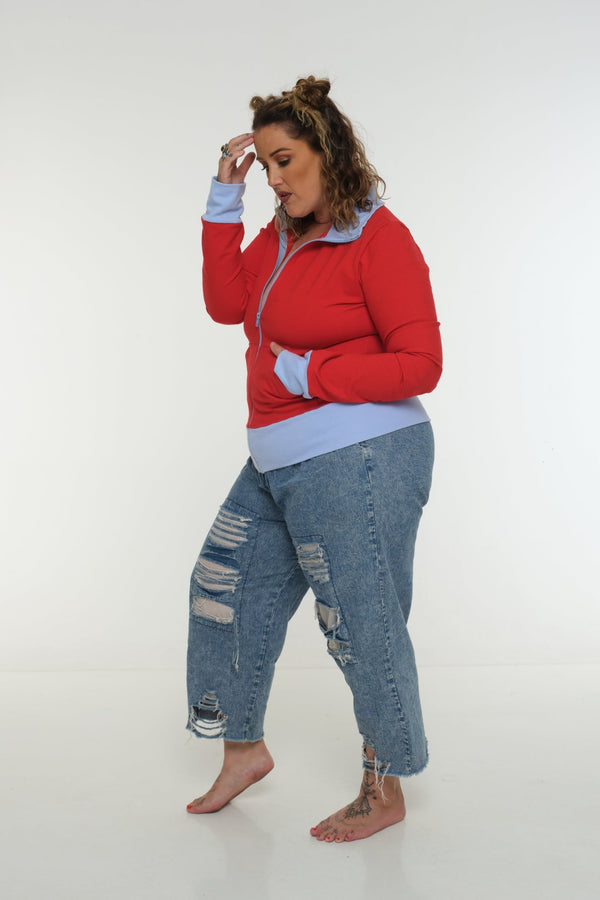 New Zip Jacket in red with pastel blue rib - Manners London